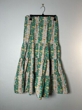 RHODE Green Floral Tiered Maxi Skirt with Yellow Accents